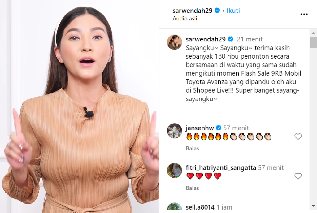 Perdana di Shopee Live! Flash Sale Mobil 9RB Bersama Sarwendah Heboh Diikuti Lebih dari 180 Ribu Orang Secara Bersamaan di Waktu yang Sama!