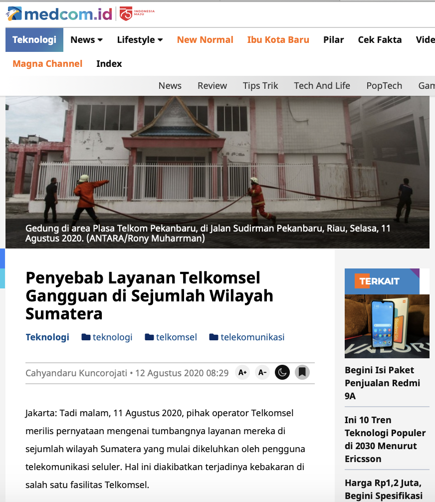 [Cek Fakta] Akibat Kebakaran STO Telkom Pekanbaru, Perbaikan Layanan Telkomsel sampai 1 Bulan Hoaks, Ini Faktanya