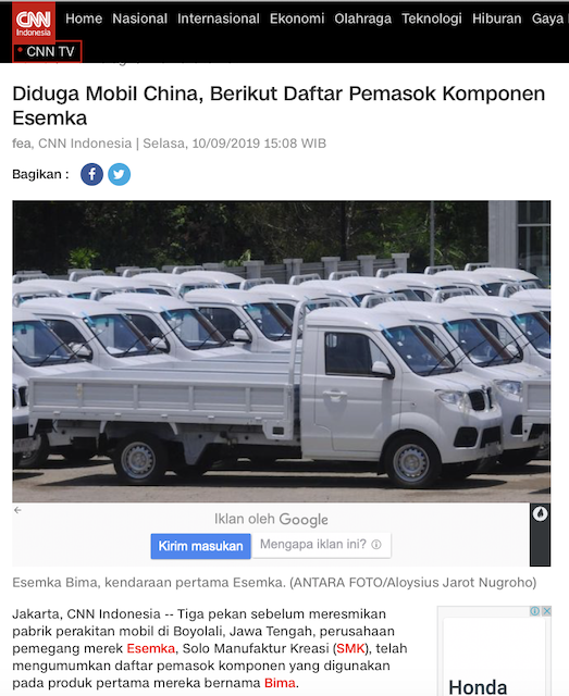 [Cek Fakta] Pabrik Mobil Esemka Berada di Tiongkok? Cek Faktanya
