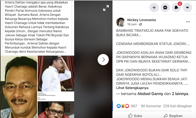 [Cek Fakta] Bambang Trihatmodjo Sebut Ada Dokumen yang Buktikan Jokowi Anak Gembong PKI? Cek Faktanya