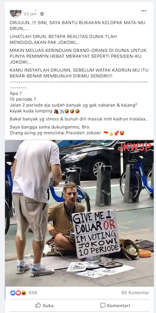[Cek Fakta] Foto Bule Minta Diberi 1 Dolar atau Ancam Pilih Jokowi 10 Periode? Ini Faktanya