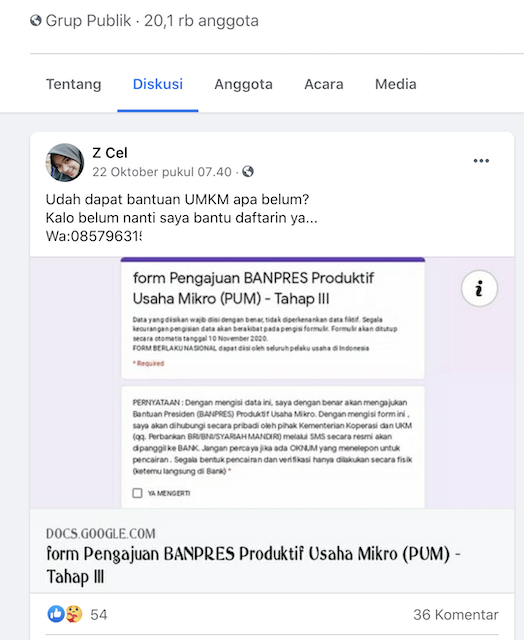 [Cek Fakta] Beredar Formulir Pengajuan Banpres Produktif Usaha Mikro Tahap III? Ini Faktanya