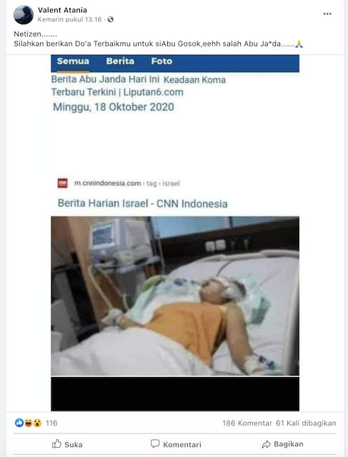 [Cek Fakta] Foto Abu Janda Terbaring Koma di Rumah Sakit? Ini Faktanya