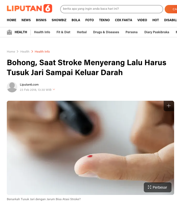 [Cek Fakta] Benarkah Menusuk Ujung Jari dengan Jarum Panas sebagai Cara Pertolongan Pertama Penderita Stroke? Begini Faktanya