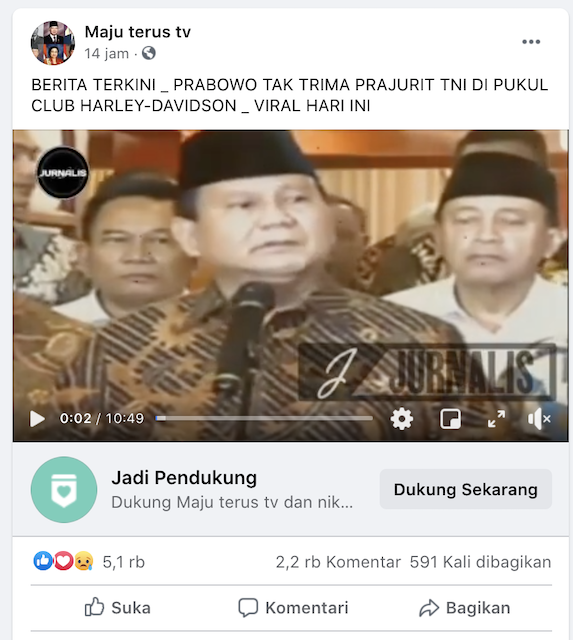[Cek Fakta] Beredar Video Prabowo Kecewa 2 Anggota TNI Dipukul Pengendara Moge? Ini Faktanya