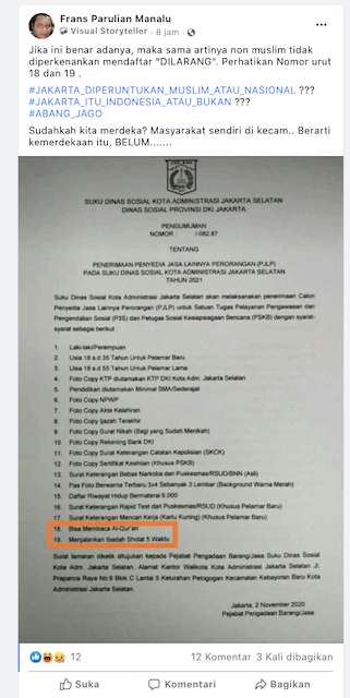 [Cek Fakta] Syarat Calon Petugas di Suku Dinas Sosial Jaksel Harus Bisa Baca Alquran dan Salat 5 Waktu? Ini Faktanya