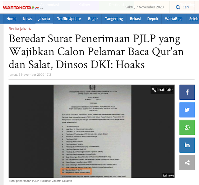 [Cek Fakta] Syarat Calon Petugas di Suku Dinas Sosial Jaksel Harus Bisa Baca Alquran dan Salat 5 Waktu? Ini Faktanya