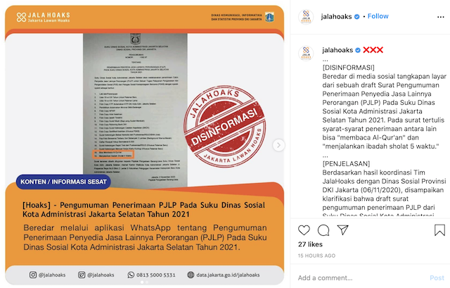 [Cek Fakta] Syarat Calon Petugas di Suku Dinas Sosial Jaksel Harus Bisa Baca Alquran dan Salat 5 Waktu? Ini Faktanya