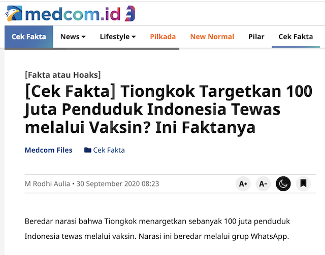 [Cek Fakta] Komunis Tiongkok Targetkan 100 Juta Warga Indonesia Mati karena Divaksin? Ini Faktanya