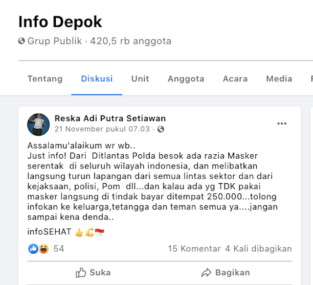 [Cek Fakta] Benarkah Polisi Akan Razia Masker Serentak di Seluruh Wilayah Indonesia dengan Denda Rp250 Ribu? Cek Faktanya