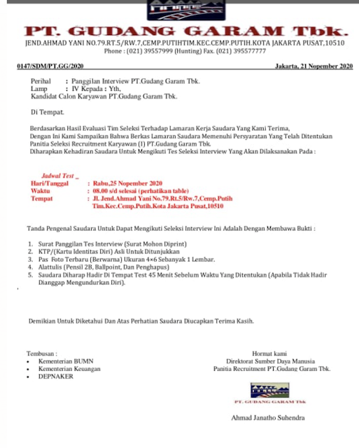 [Cek Fakta] Beredar Surat Panggilan Wawancara Kerja dari PT Gudang Garam? Ini Faktanya