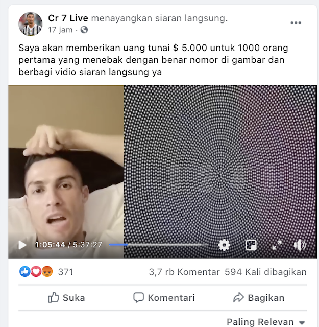 [Cek Fakta] C Ronaldo Siaran Langsung Bagikan Uang 5 Ribu Dolar untuk 1.000 Orang Pertama? Ini Faktanya
