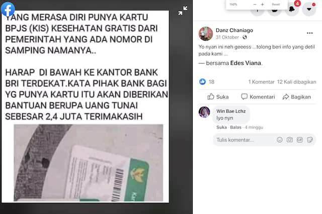 [Cek Fakta] Pemerintah Bagikan Bantuan Rp2,4 Juta Bagi Pemegang Kartu BPJS Kesehatan? Cek Faktanya