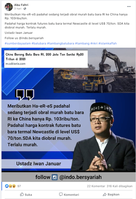 [Cek Fakta] Indonesia Obral Murah Batubara ke Tiongkok Seharga Rp103 Ribu per Ton? Ini Faktanya