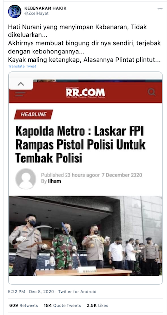 [Cek Fakta] Benarkah Kapolda Metro Sebut Laskar FPI Rampas Pistol untuk Tembak Polisi? Ini Faktanya
