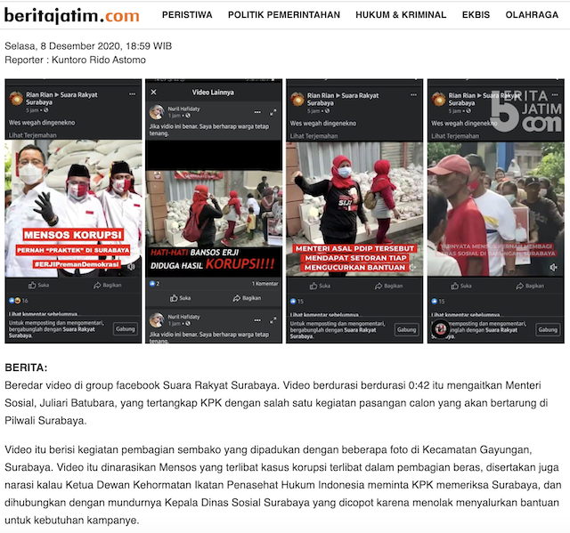 [Cek Fakta] Beredar Video Mensos Juliari Bantu Kampanye Paslon Pilwakot Surabaya? Cek Faktanya