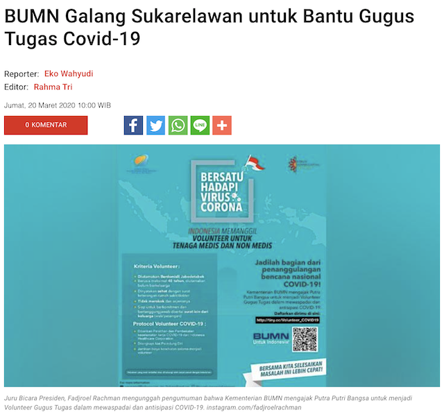 [Cek Fakta] Beredar Lowongan jadi Relawan Wisma Atlet dengan Gaji Rp6,3 Juta? Ini Faktanya