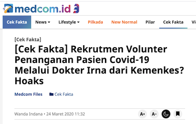 [Cek Fakta] Beredar Lowongan jadi Relawan Wisma Atlet dengan Gaji Rp6,3 Juta? Ini Faktanya