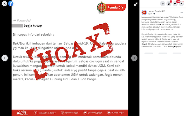 [Cek Fakta] Pesan Berantai Sebut Yogyakarta Ditutup karena Kasus Covid-19 Semakin Parah Hoaks, Ini Faktanya