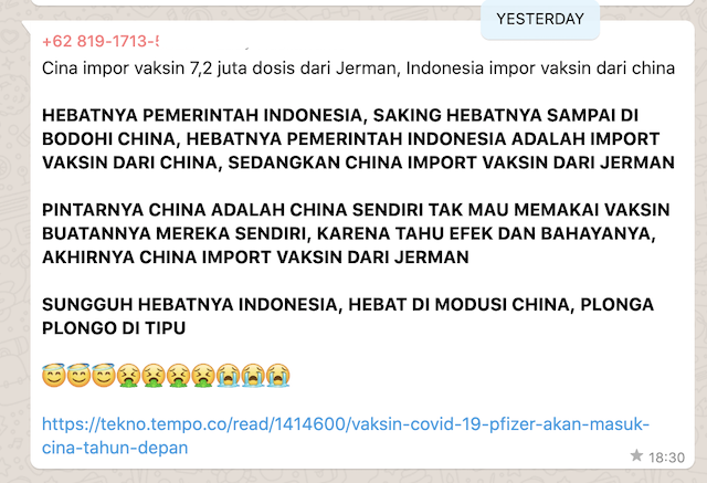 [Cek Fakta] Benarkah Tiongkok tak Gunakan Vaksin Buatan Sendiri dan Pemerintah Indonesia Dibodohi? Ini Faktanya