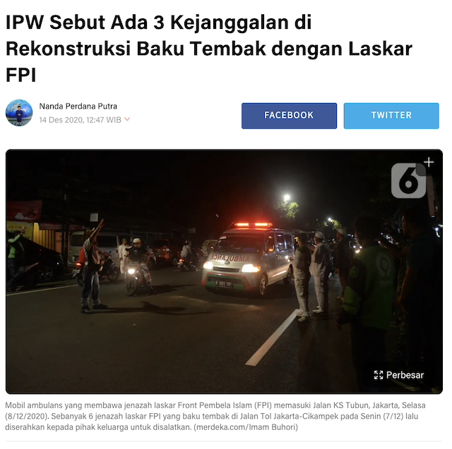 [Cek Fakta] Benarkah tak Ada Baku Tembak dalam Rekonstruksi terkait Meninggalnya 6 Laskar FPI? Ini Faktanya