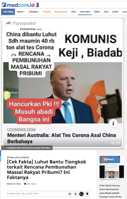 [Cek Fakta] Tiongkok dan Luhut Rencanakan Pembunuhan Massal Pribumi dengan Tes Covid-19? Ini Faktanya