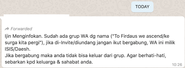 [Cek Fakta] Beredar Info jika Gabung Grup WhatsApp Milik ISIS Ini tidak Bisa Keluar Lagi? Cek Faktanya