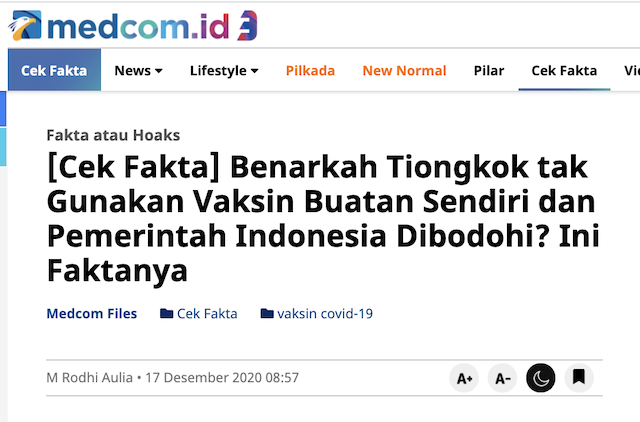 [Cek Fakta] Benarkah Presiden Jokowi akan Disuntik Vaksin selain Sinovac Tiongkok? Ini Faktanya