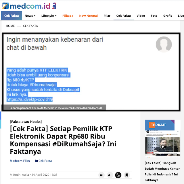 Hoaks April 2020: Dari Setiap Pemilik KTP Elektronik Dapat Rp680 Ribu hingga Luhut Dipecat