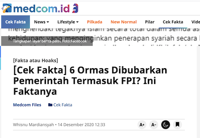 [Cek Fakta] Beredar Surat Telegram Polri FPI Ormas yang Dibubarkan? Ini Faktanya