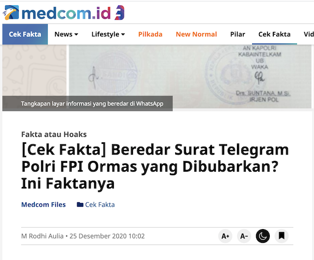 [Cek Fakta] FPI Resmi Sudah Dibubarkan? Ini Faktanya