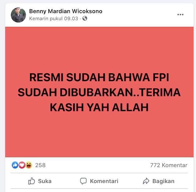 [Cek Fakta] FPI Resmi Sudah Dibubarkan? Ini Faktanya