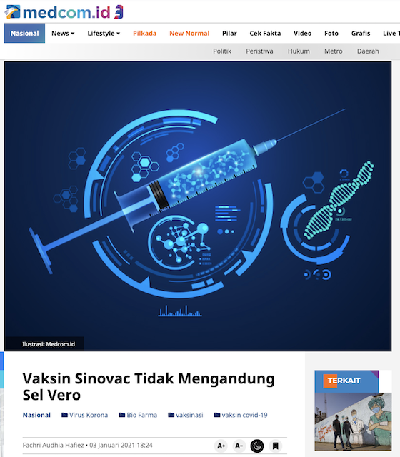 [Cek Fakta] Vaksin Sinovac Mengandung Jaringan Kera Hijau Afrika? Ini Faktanya
