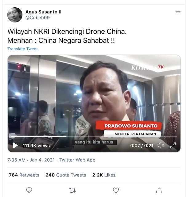 [Cek Fakta] Prabowo Sebut Tiongkok Negara Sahabat terkait 'Drone' yang Ditemukan di Perairan Indonesia? Ini Faktanya