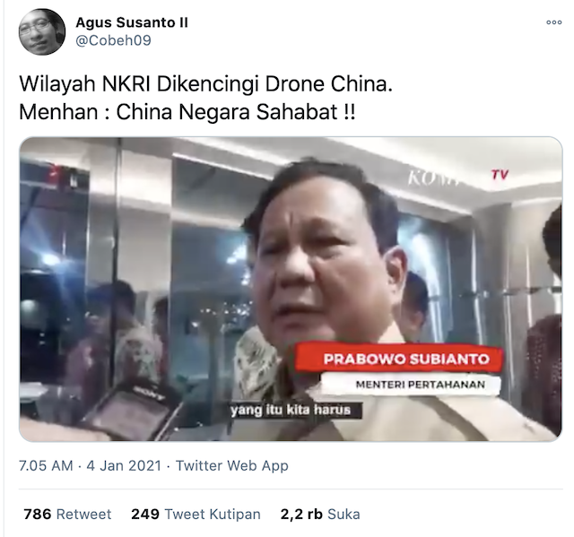 [Cek Fakta] Drone Tiongkok Masuk Perairan NKRI, Prabowo Sebut Tiongkok Negara Sahabat? Ini Faktanya