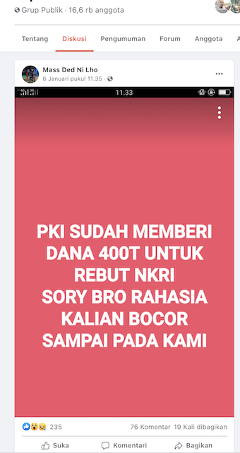 [Cek Fakta] PKI Sudah Beri Dana Rp400 T Rebut NKRI? Ini Faktanya