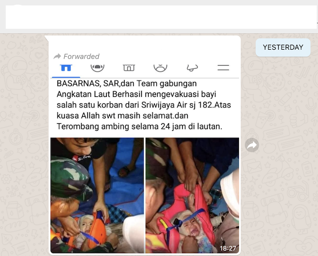[Cek Fakta] Foto Bayi Selamat dari Kecelakaan Sriwijaya Air SJ182, Hoaks
