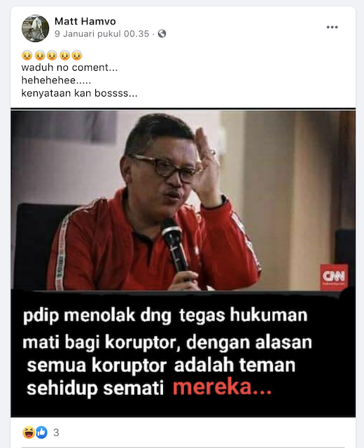 [Cek Fakta] PDIP Menolak Hukuman Mati Bagi Koruptor karena Semua Koruptor Teman Mereka Hoaks, Ini Cek Faktanya