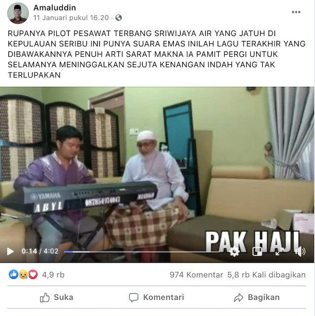[Cek Fakta] Video Pilot Sriwijaya Air SJ182 Isyaratkan Pamit lewat Lagu? Ini Faktanya