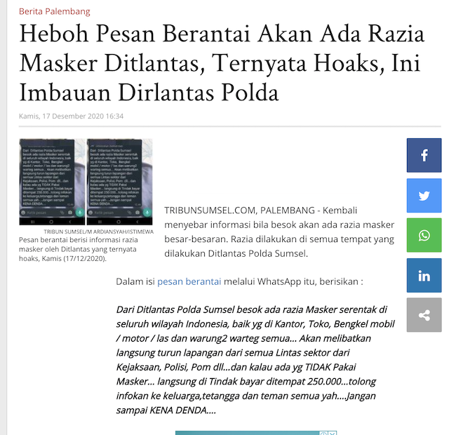 [Cek Fakta] Razia Serentak di Seluruh Indonesia dan Langsung Denda yang tak Gunakan Masker Rp250 Ribu? Ini Faktanya