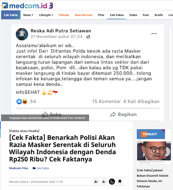 [Cek Fakta] Razia Serentak di Seluruh Indonesia dan Langsung Denda yang tak Gunakan Masker Rp250 Ribu? Ini Faktanya