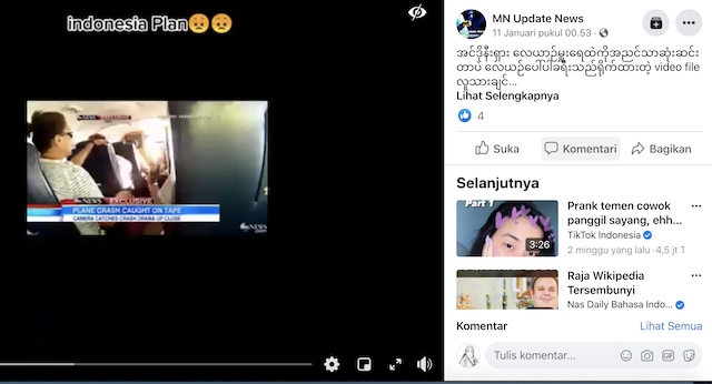 [Cek Fakta] Rekaman Video Jatuhnya Pesawat Sriwijaya Air SJ 182 Beredar di Myanmar? Ini Faktanya