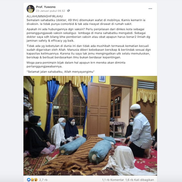 [Cek Fakta] Viral Seorang Dokter di Palembang Meninggal setelah Disuntik Vaksin Covid-19? Ini Cek Faktanya