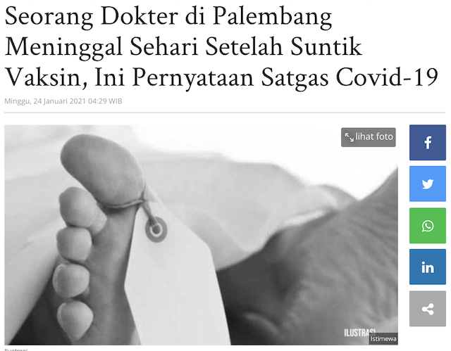 [Cek Fakta] Viral Seorang Dokter di Palembang Meninggal setelah Disuntik Vaksin Covid-19? Ini Cek Faktanya
