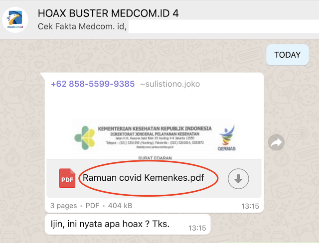 [Cek Fakta] Beredar Dokumen Kemenkes Soal Ramuan Covid-19 Hoaks, Ini Faktanya