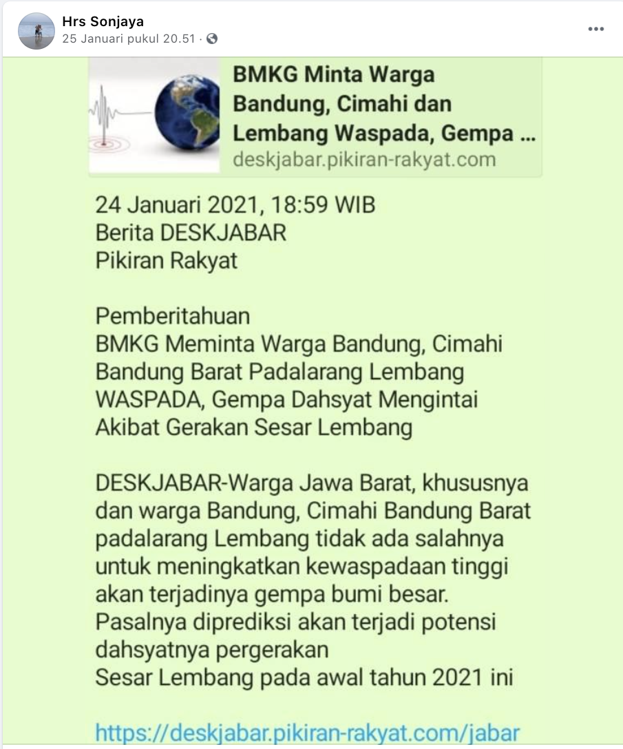 [Cek Fakta] Beredar Kabar Gempa Bumi Dahsyat Terjadi pada 2021 Dipicu Pergerakan Sesar Lembang? Ini Faktanya