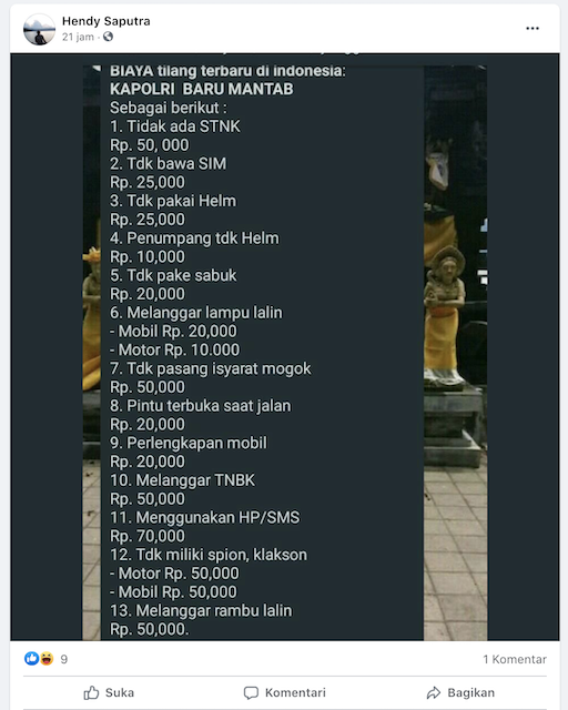 [Cek Fakta] Beredar Daftar Biaya Tilang Terbaru? Ini Faktanya
