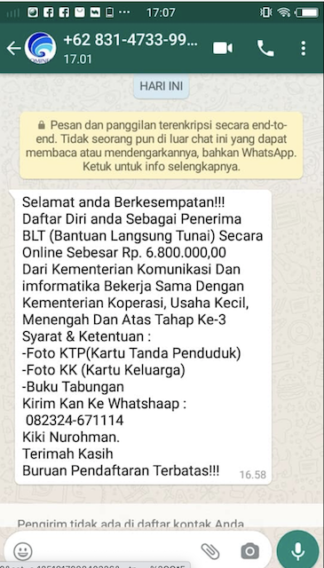 [Cek Fakta] Daftar Penerima BLT Rp6,8 Juta dari Kominfo di Nomor WA Ini? Simak Faktanya