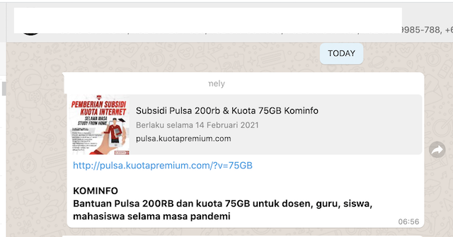 [Cek Fakta] Link Bantuan Pulsa Rp200 Ribu dan Kuota 75 GB dari Kominfo? Ini Faktanya