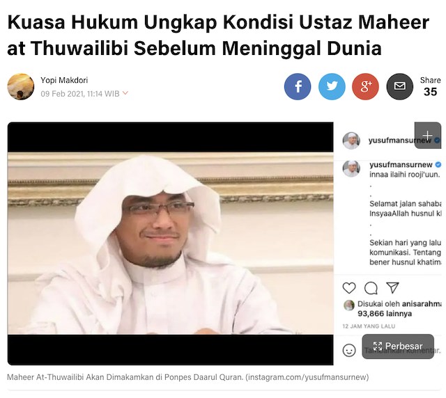 [Cek Fakta] Muncul Isu Ustaz Maaher Meninggal karena Efek Racun di Minuman? Simak Faktanya